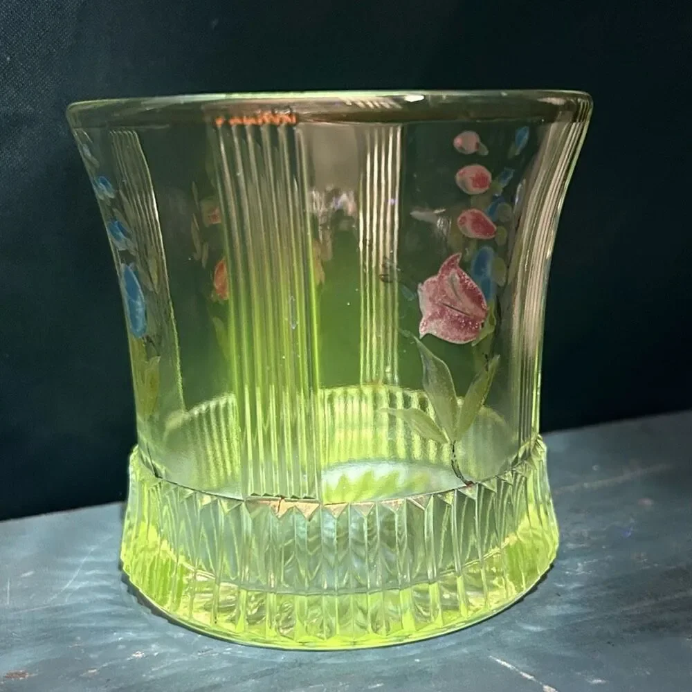 Vintage Cut Glass Hand Painted Spooner Short Vase UV Glow